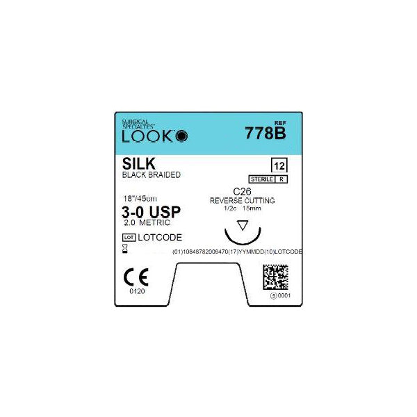 Look 778B Silk Black Braided Reverse Cutting Sutures C26 3/0 18 Look 778B Silk Black Braided Reverse Cutting Sutures C26 3/0 18